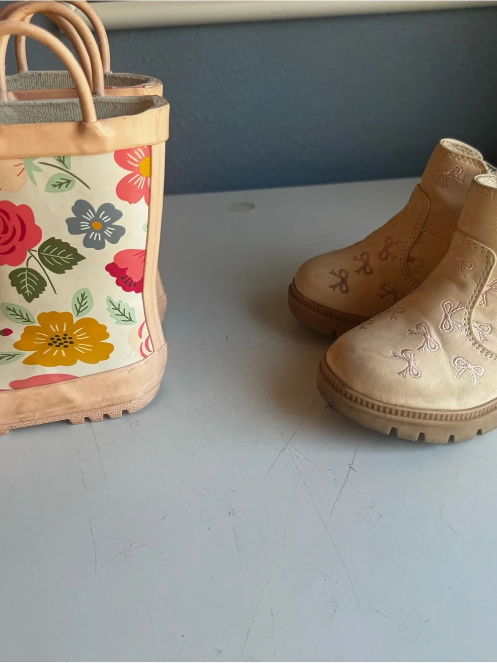 wonder nation Cream Floral Kids Rain Boots with Pink Trim